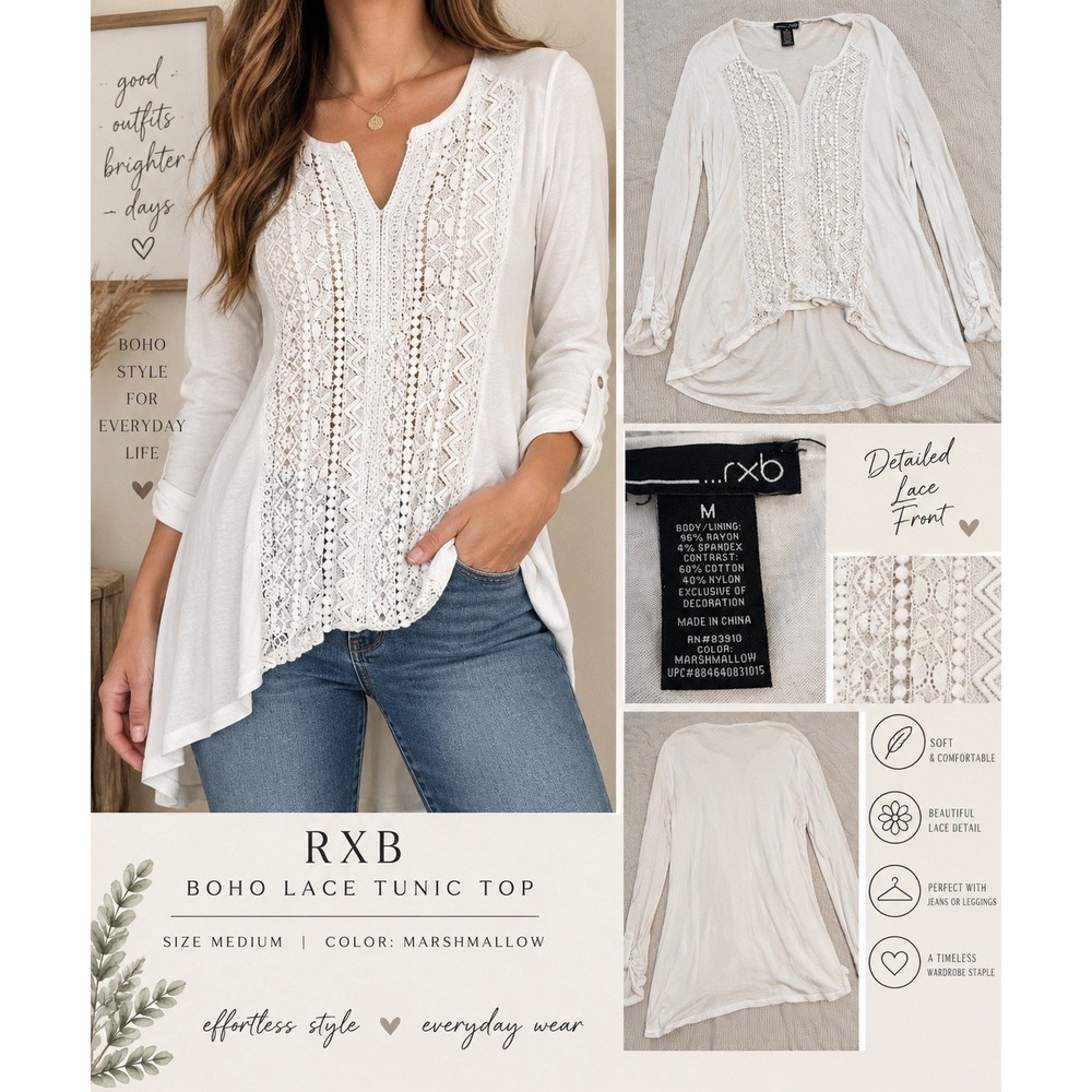 RXB White Crochet Lace Boho Tunic Top – Size Medium